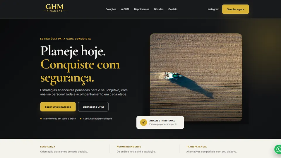 Página inicial do site da GHM Finanças, com a headline Planeje hoje e botão para fazer uma simulação