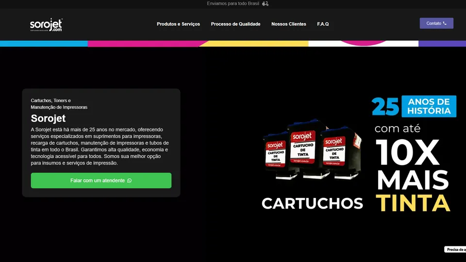 Página inicial do site da Sorojet, com banner de cartuchos e chamada para falar com um atendente